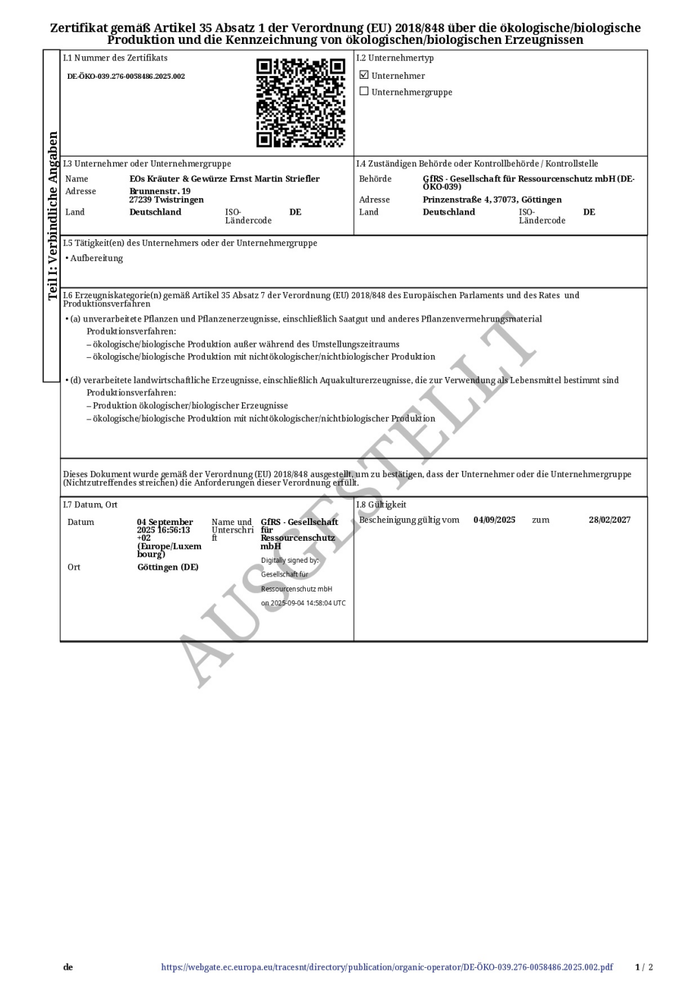 Bio-Zertifikat Seite 1